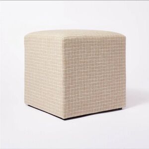Studio McGee Lynwood Square Upholstered Cube Light Brown Windowpane Plaid